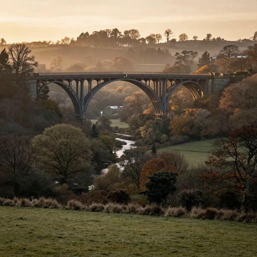 Ironbridge Gorge high in soft autumn mist above a calm wooded valley at sunset.