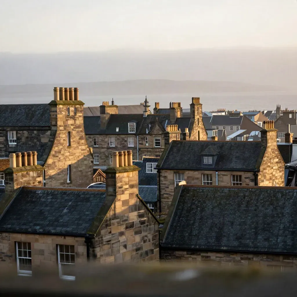 Edinburgh stone rooftops in sea mist above a calm neutral field for headline copy.