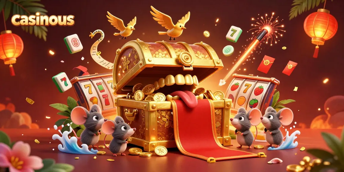 Casinous showcases a vibrant 3D casino scene featuring a treasure chest, adventurer mice, and assorted game symbols.