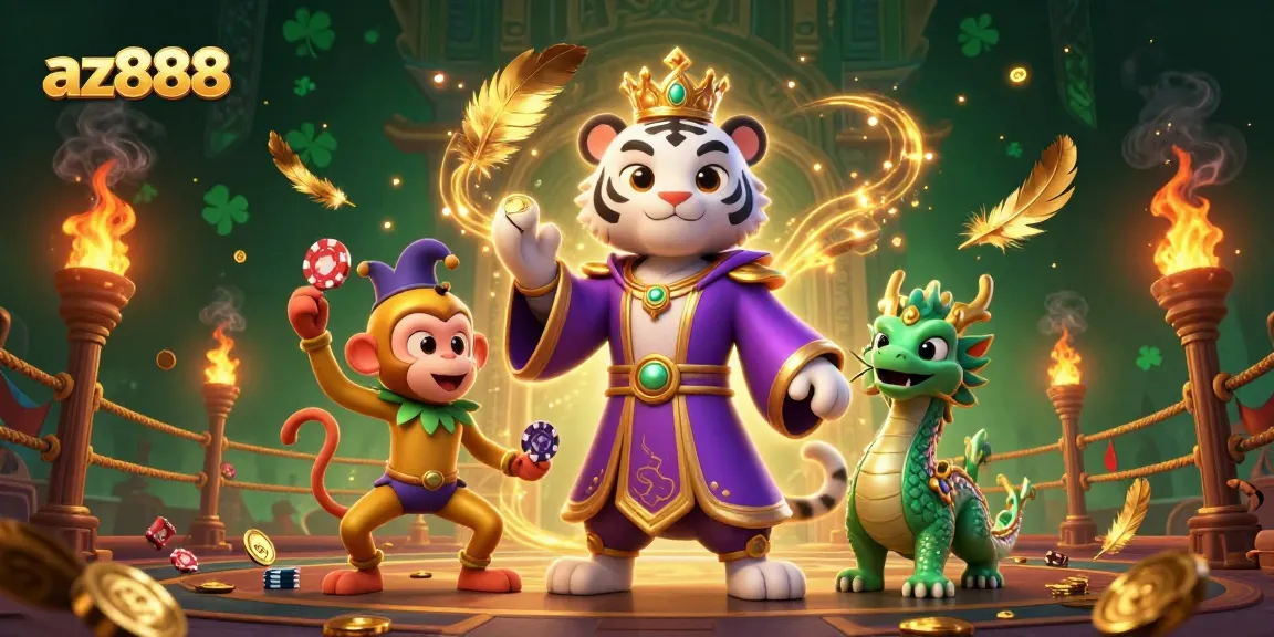 Engaging az888 illustration with a royal tiger, jester monkey, and jade dragon in a dynamic casino scene.