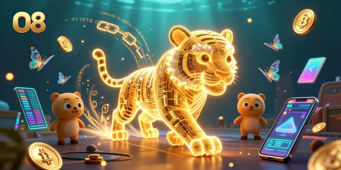 Join the casino world at O8 with a vibrant neon tiger and holographic butterflies symbolizing winnings.