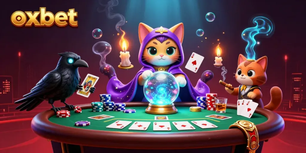 Experience thrilling poker action with the mystical oxbet fortune teller cat and raven in this vibrant casino scene.