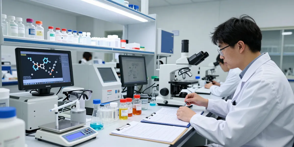 Buy research peptides in a modern lab, featuring vials, syringes, and analytical equipment.