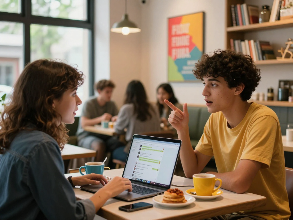 Spicy chat between two friends at a modern café with lively atmosphere.