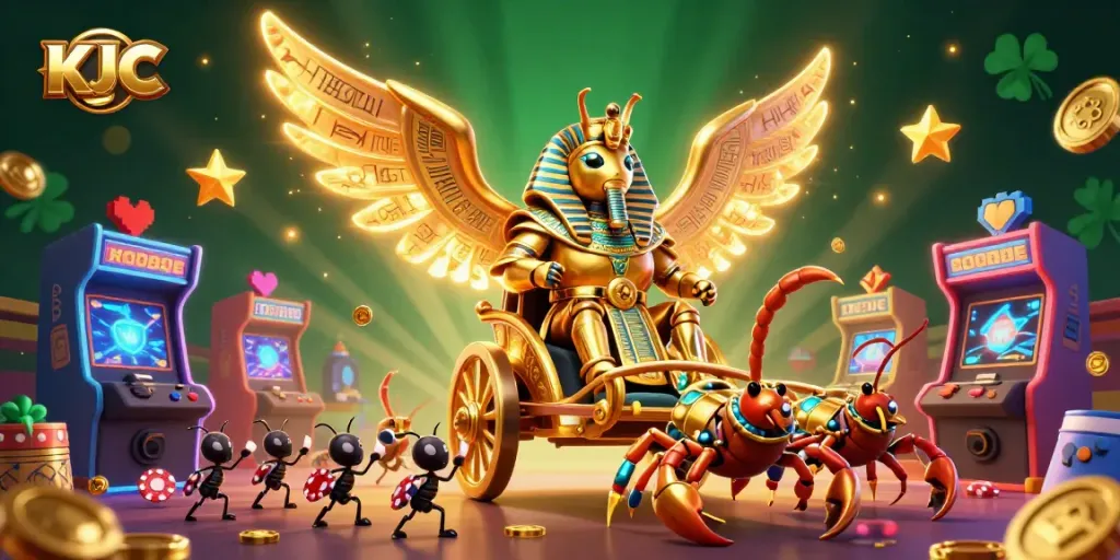 KJC showcases a luminous 3D cartoon scene featuring a golden scarab beetle and scorpion chariot amidst vibrant casino game elements.