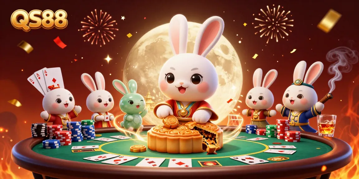 Experience thrilling gameplay at QS88 with a vibrant moon rabbit scene packed with poker excitement.