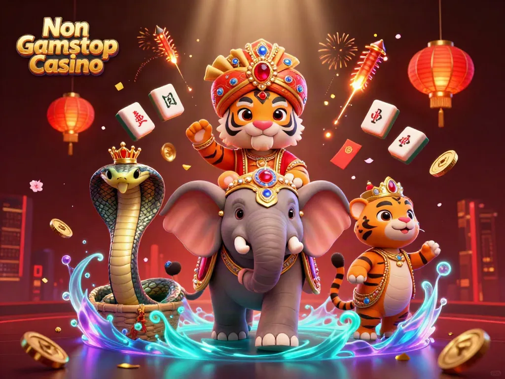 Experience thrilling gameplay at Non Gamstop Casino with a vibrant 3D illustration of a majestic tiger and an elephant.
