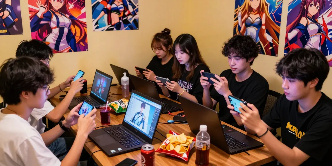 Engaging group playing hentai games on mobile devices in a vibrant setting