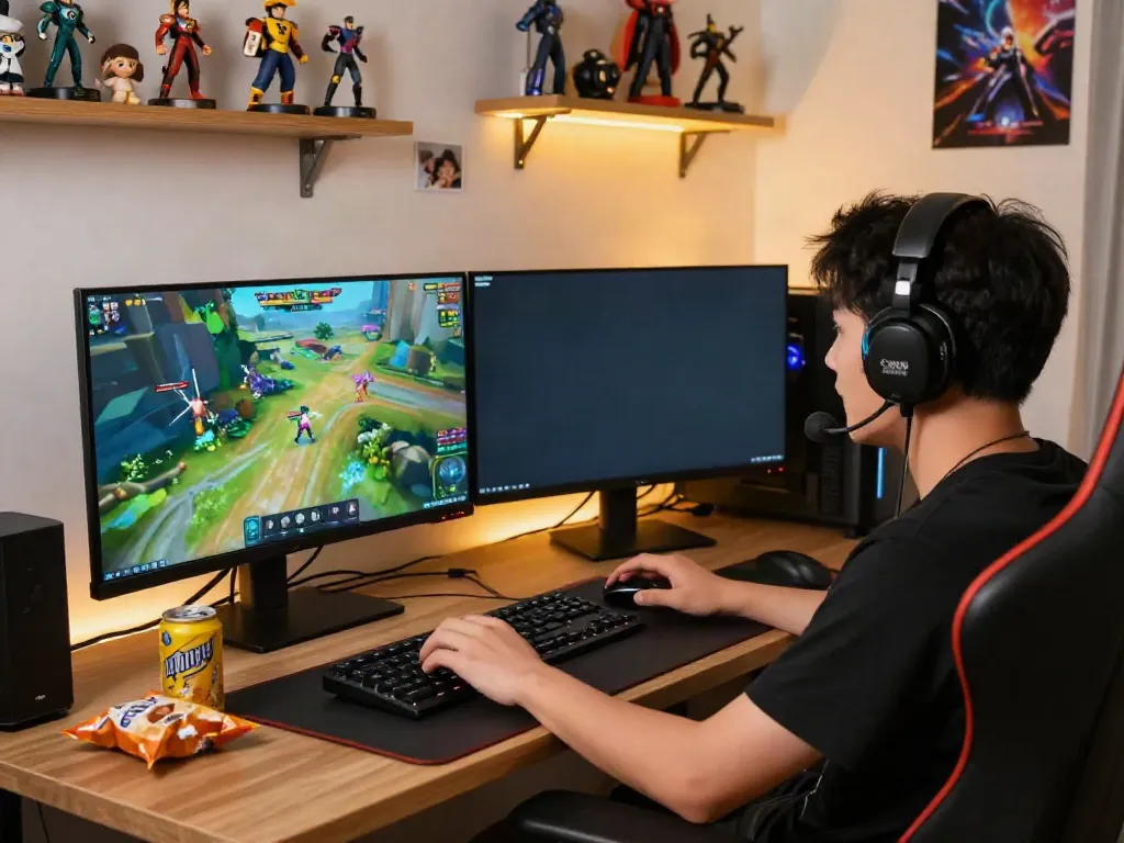 Player engaged in an exciting gameplay session at http://11bet-app.net/ in a vibrant home gaming setup.