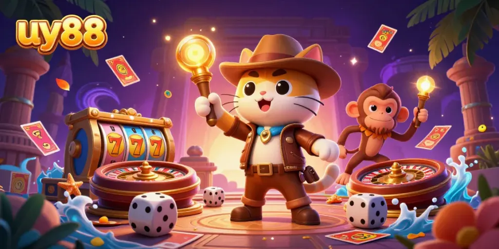 Experience the thrilling world of uy88 with a vibrant 3D illustration featuring an adventurous archaeologist cat.
