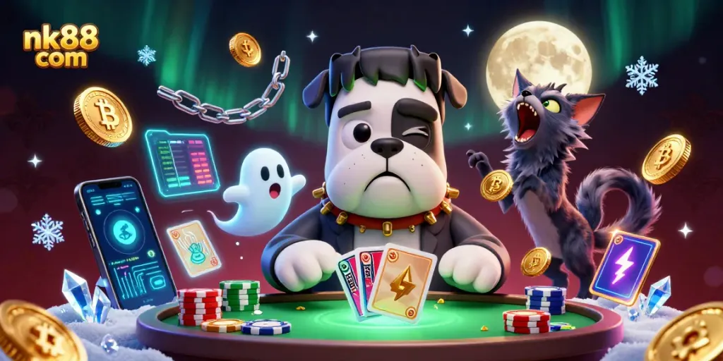 Engage in thrilling card games at nk88 com's haunted table with vibrant casino elements.