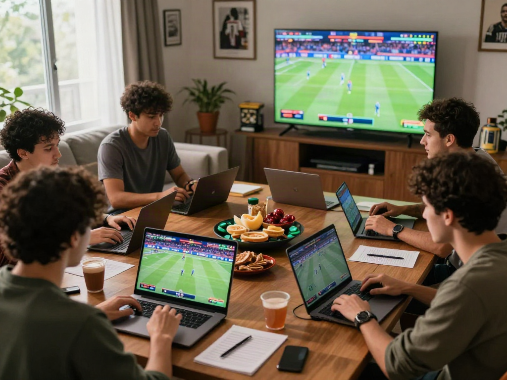 토토사이트 검증 먹튀스팟 community engaging in lively sports betting discussions with various devices in a cozy setting.