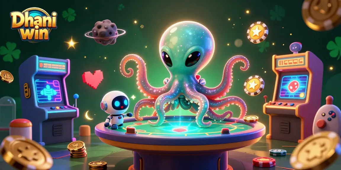 Dive into the Dhani win gaming experience, featuring an alien octopus at a holographic poker table amid vibrant arcade elements.