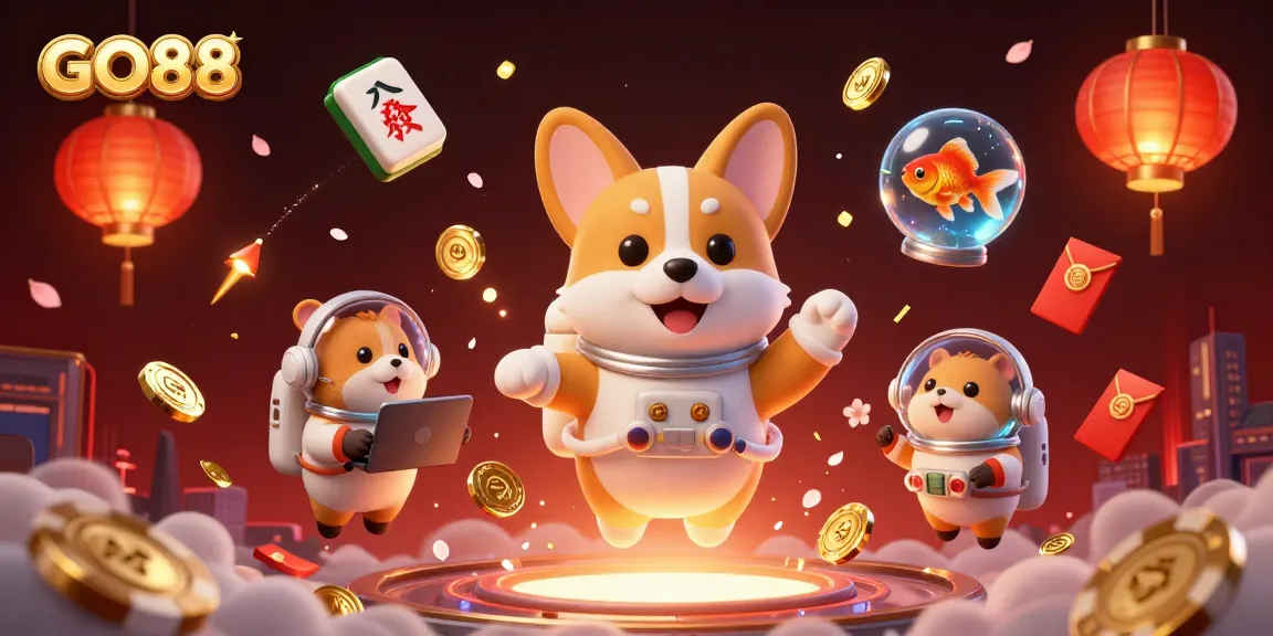 Join the fun at GO88, where a floating corgi enjoys space casino adventures with vibrant gaming elements.