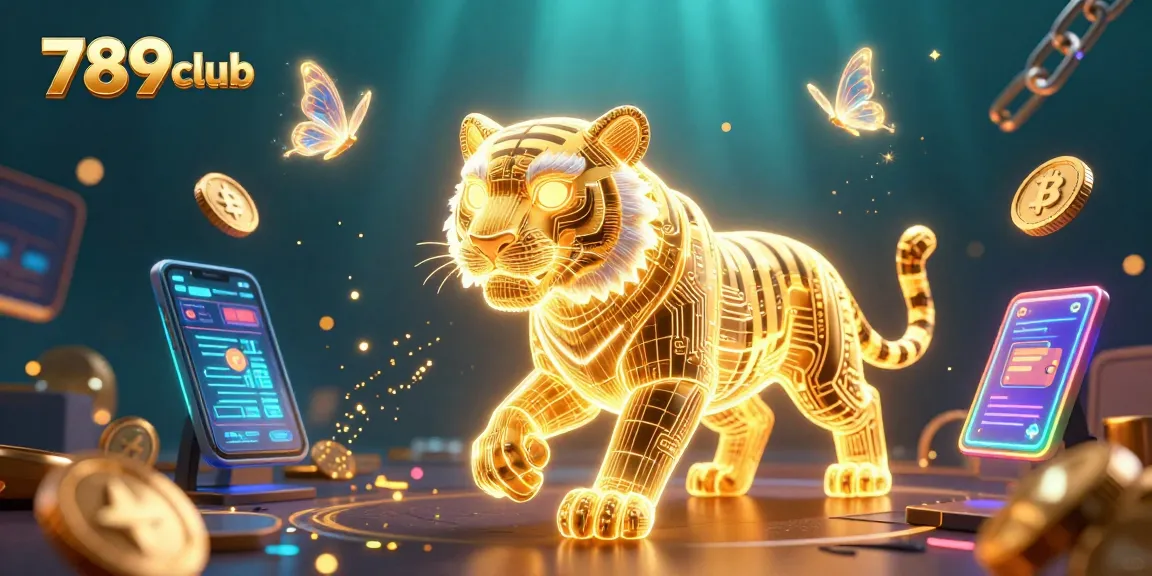 Engage with 789club's vibrant casino experience featuring a golden tiger amidst digital gaming elements.