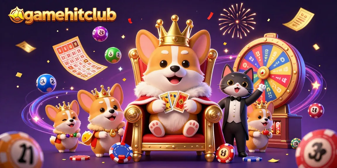 Experience the vibrant world of gamehitclub with a royal corgi throne, colorful lottery elements, and festive celebrations.